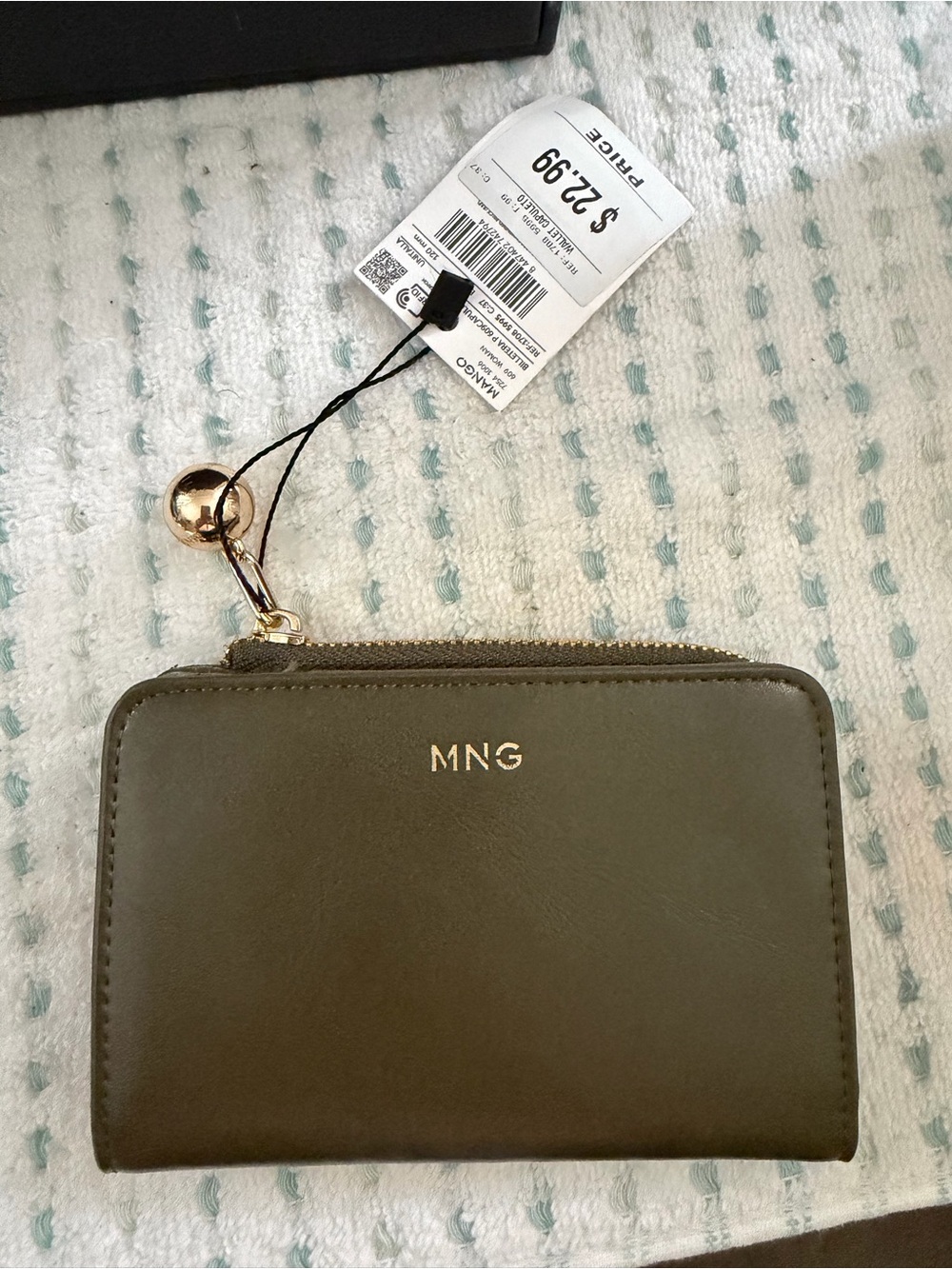 Mango Olive Zip Card Wallet with Gold Ball Charm
